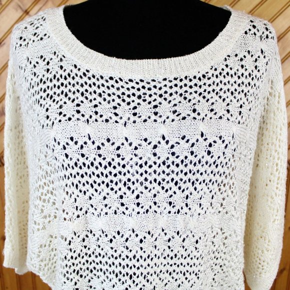 La Chapelle Sport Sweater White Silver Sequins Open Knit Large High Low CA136 - Picture 5 of 11